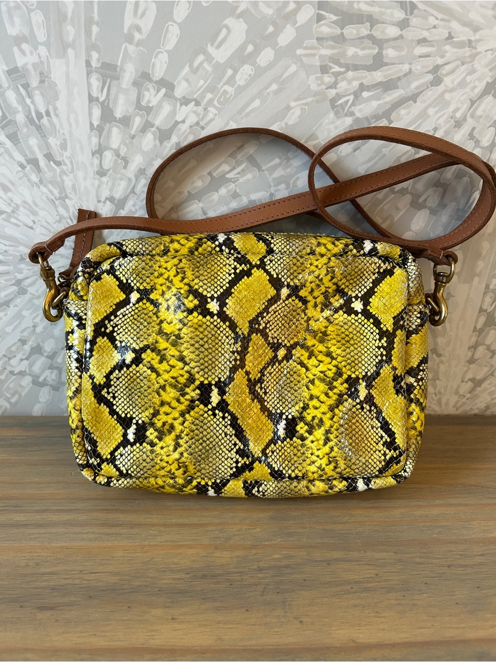 CLARE V. Yellow Snake-Print Crossbody with Brown Strap